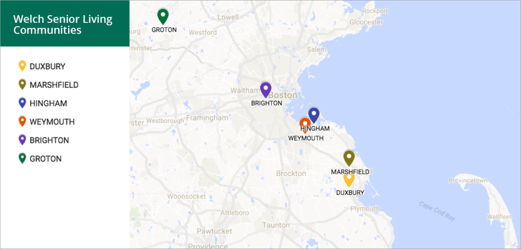 Map of Boston's South Shore showing where Welch Senior Living properties are located