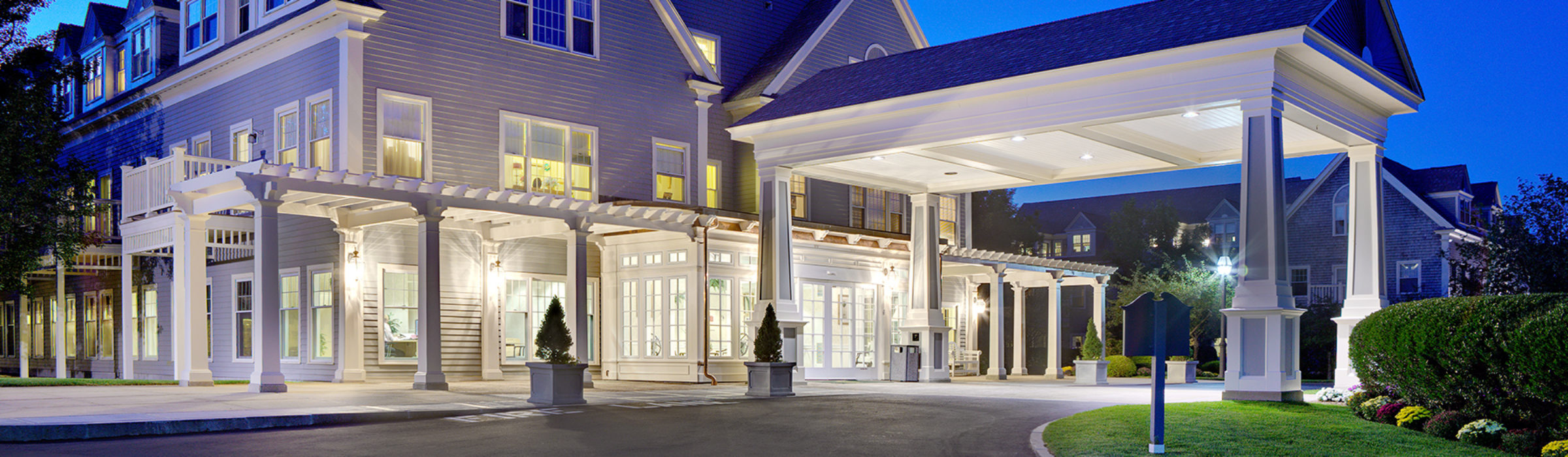 Exterior of a Welch Senior Living property at night